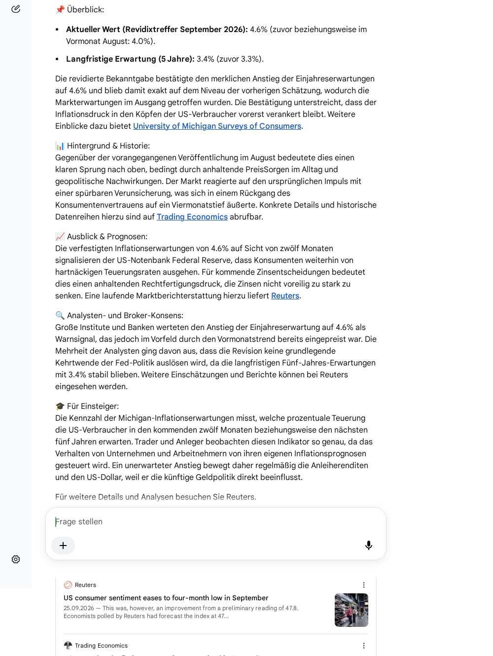 Echtes Beispiel der Google-KI-Modus-Antwort: Überblick, Hintergrund, Ausblick, Analysten-Konsens, für Einsteiger, mit Quellen