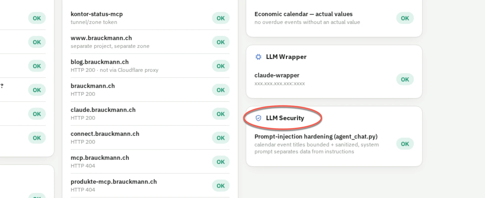 Connections-Dashboard mit rot eingekreister neuer 'LLM Security'-Kachel