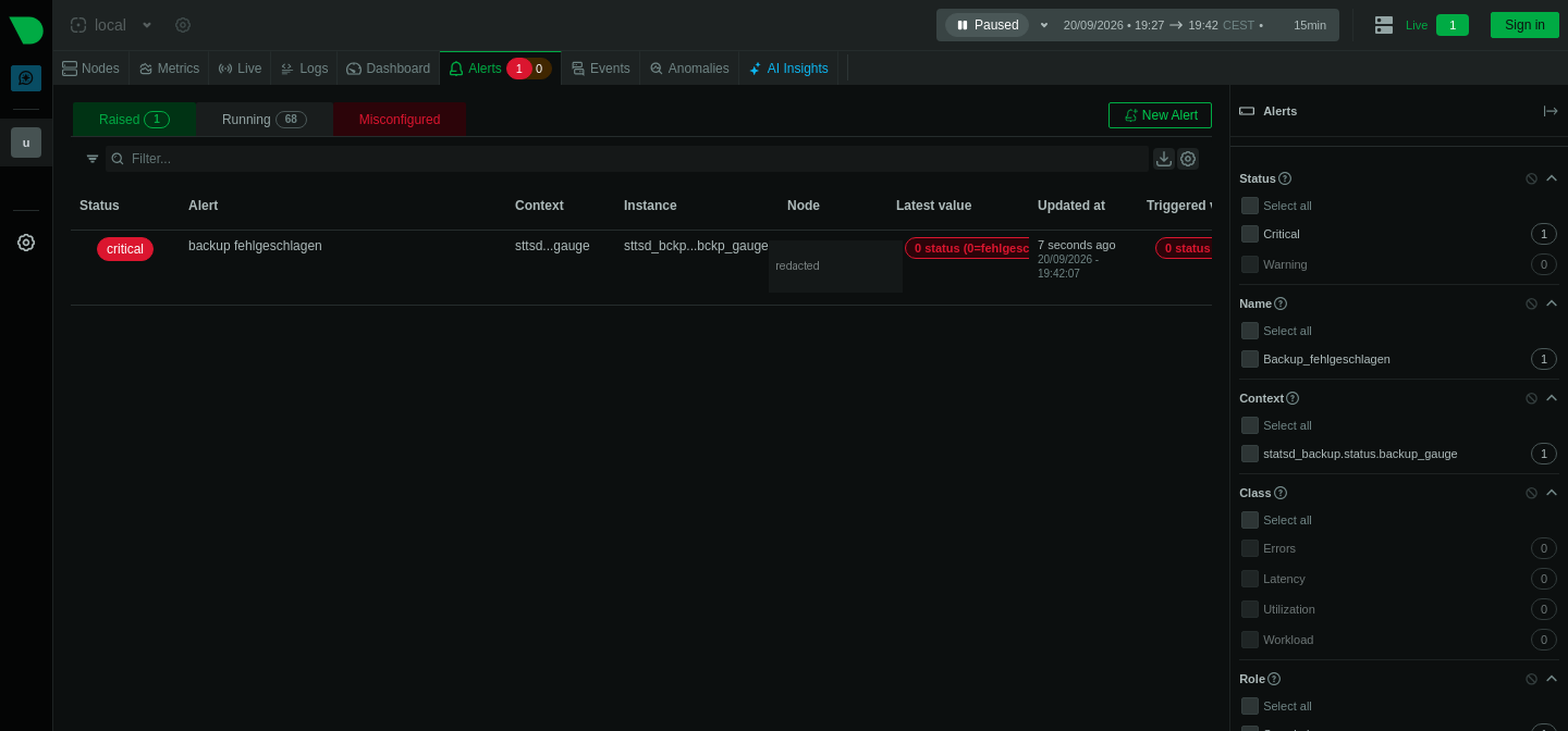 Alerts-Ansicht mit einem ausgelösten Alarm