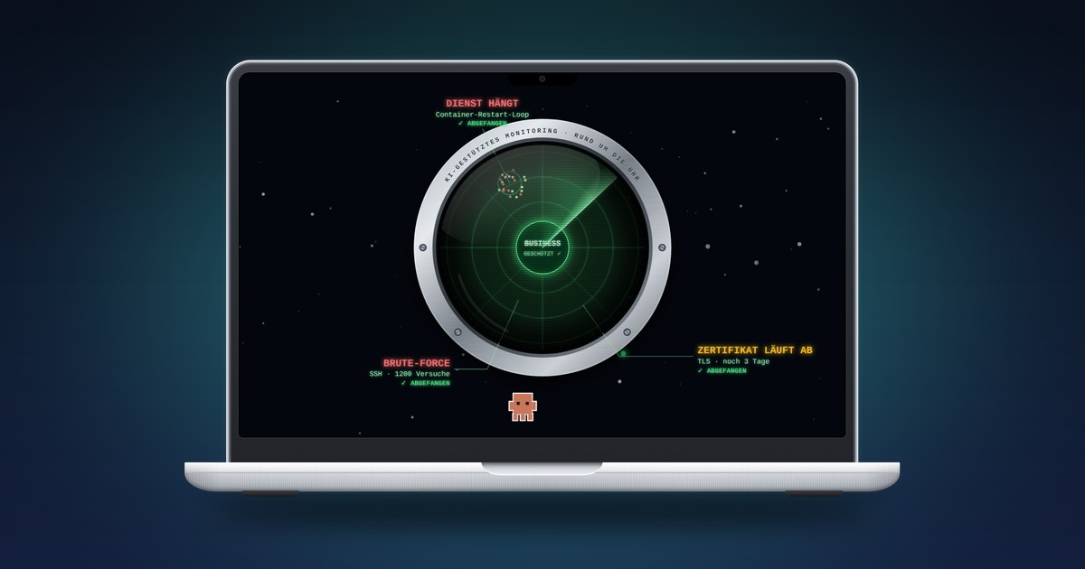 Laptop mit Radar-Animation: KI-gestütztes Monitoring erfasst Bedrohungen wie Brute-Force, ablaufende Zertifikate und volle Speicher und fängt sie ab, bevor sie das Business erreichen.