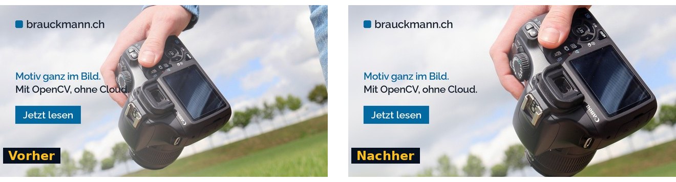 Zwei Link-Vorschaubilder: links berührt der Finger an der Kamera die Schrift, rechts steht die Kamera vergrössert mittig im freien Raum neben der Schrift