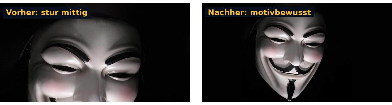 Vergleich zweier Zuschnitte derselben Maske: links fehlen Stirn und Kinn, rechts ist die Maske vollständig und mittig zu sehen