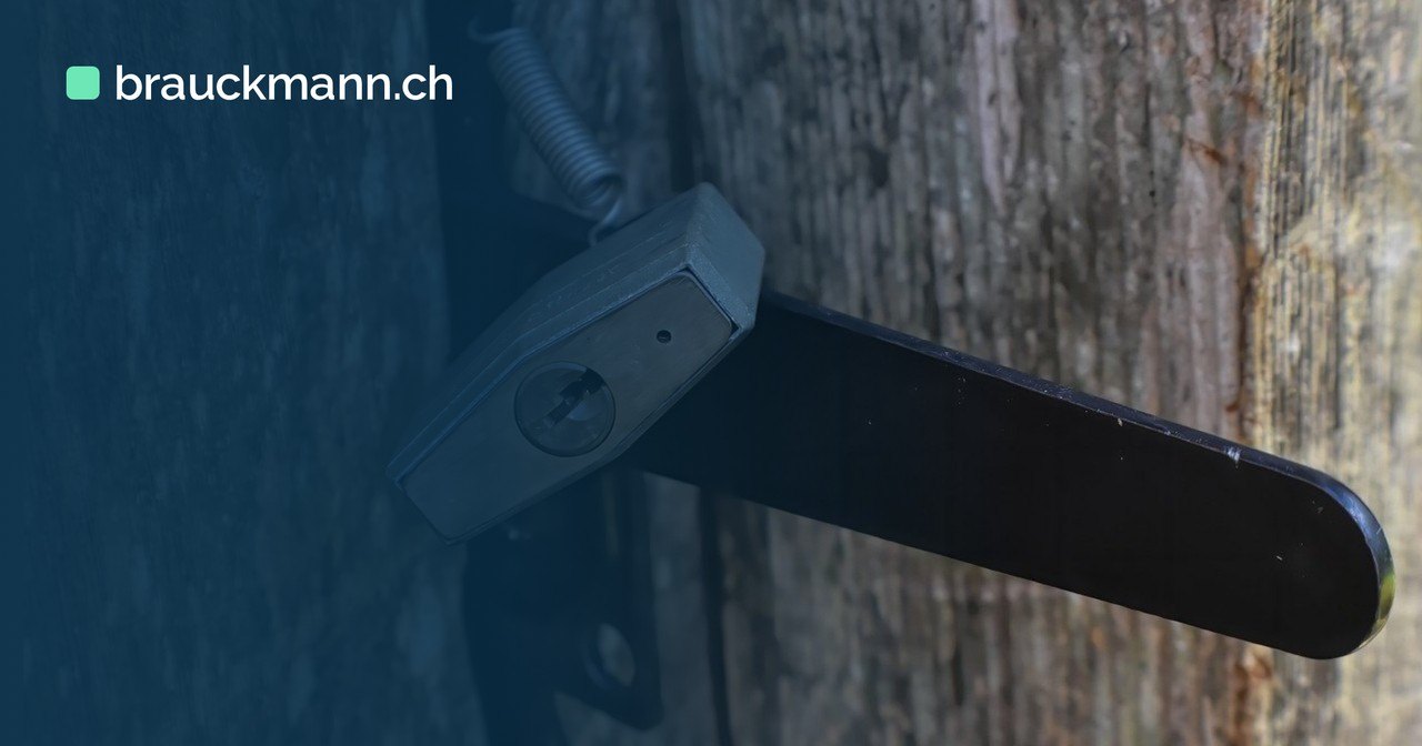 Verschlossenes Vorhängeschloss an einem schwarzen Riegel vor einer verwitterten Holztür, von nahem fotografiert