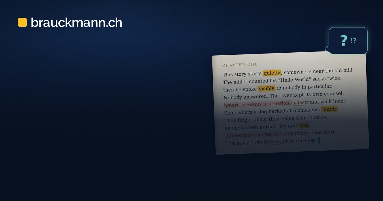 Buchseite mit englischer Prosa, in der Adverbien gelb markiert und Anagramme unterstrichen sind, daneben ein Fragezeichen