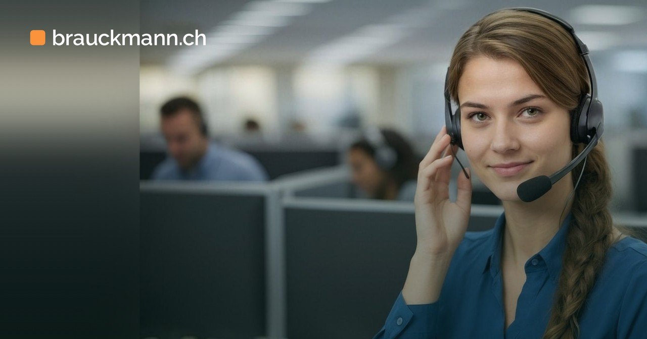Frau mit Headset im Grossraumbüro, im Hintergrund weitere Mitarbeitende an ihren Telefonarbeitsplätzen